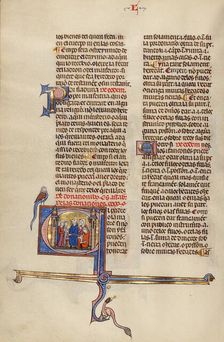 Initial E: Three Men Speaking to a Couple in the Presence of a Notary; Vidal Mayor, about 1290-1310. Creator: Unknown