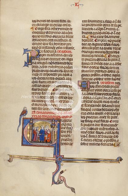 Initial E: Three Men Speaking to a Couple in the Presence of a Notary; Vidal Mayor, about 1290-1310. Creator: Unknown.