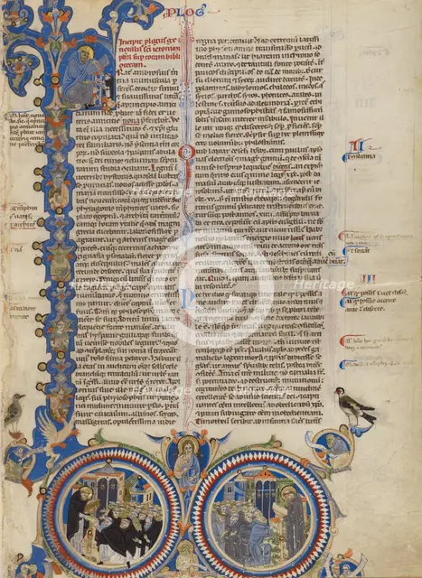 Initial F: Christ with Saints Jerome, Dominic, and Francis; Abbey Bible, about 1250-1262. Creator: Unknown.