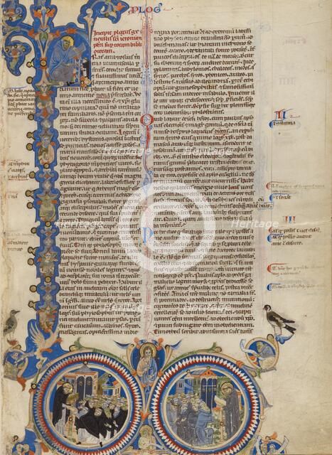 Initial F: Christ with Saints Jerome, Dominic, and Francis; Abbey Bible, about 1250-1262. Creator: Unknown.