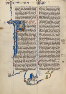 Initial F: David Orders the Beheading of an Amalekite; Abbey Bible, about 1250-1262. Creator: Unknown