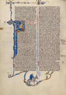 Initial F: David Orders the Beheading of an Amalekite; Abbey Bible, about 1250-1262. Creator: Unknown