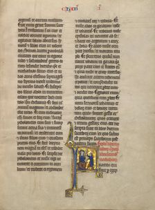 Initial F: Delivery of a Letter; Concluding Volume of a Bible, about 1260-1270. Creator: Unknown