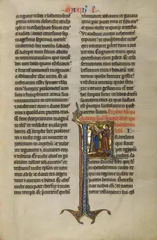 Initial F: Delivery of a Letter to Jews in Egypt; Marquette Bible, about 1270. Creator: Unknown