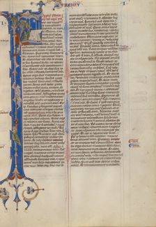 Initial F: Elkanah with Hannah and Peninnah in the Temple; Abbey Bible, about 1250-1262. Creator: Unknown