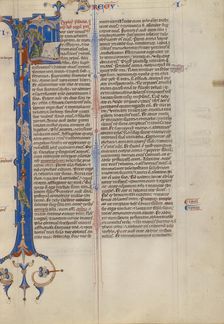 Initial F: Elkanah with Hannah and Peninnah in the Temple; Abbey Bible, about 1250-1262. Creator: Unknown