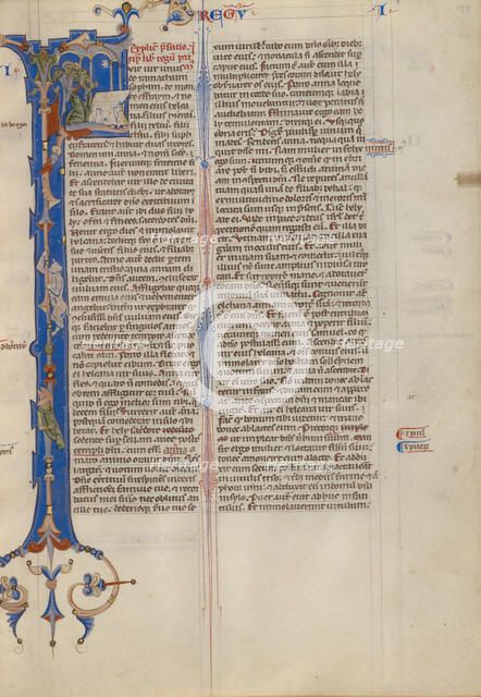Initial F: Elkanah with Hannah and Peninnah in the Temple; Abbey Bible, about 1250-1262. Creator: Unknown.
