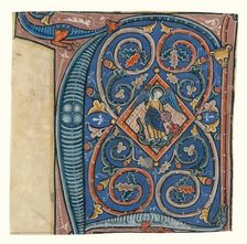 Initial F: Saint Michael and the Dragon; Cistercian antiphonal, about 1260-1270. Creator: Unknown