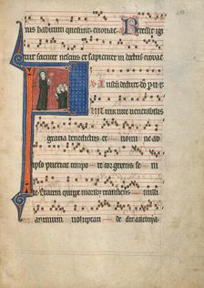 Initial F: Saint Benedict Blessing a Group of Monks; Antiphonal, about 1260-1270. Creator: Unknown