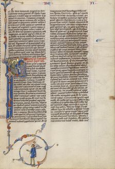 Initial F: Seated Prophet Showing a Scroll to Monks; Abbey Bible, about 1250-1262. Creator: Unknown