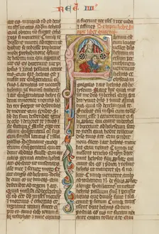 Initial F: The Ascension of Elijah; Historia Scholastica, about 1300. Creator: Unknown