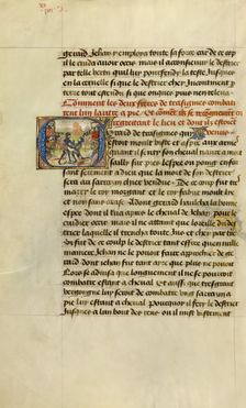 Initial G: Gillon's Sons Recognizing Each Other; Roman de Gillion de Trazegnies, 1464. Creators: Lieven van Lathem, David Aubert