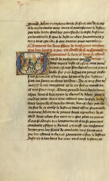 Initial G: Gillon's Sons Recognizing Each Other; Roman de Gillion de Trazegnies, 1464. Creators: Lieven van Lathem, David Aubert