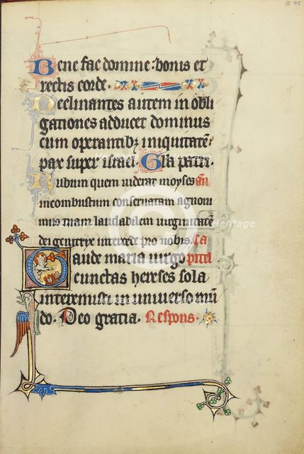 Initial G: The Virgin Mary Pointing to Books Burning in a Fire; Ruskin Hours, about 1300. Creator: Unknown.