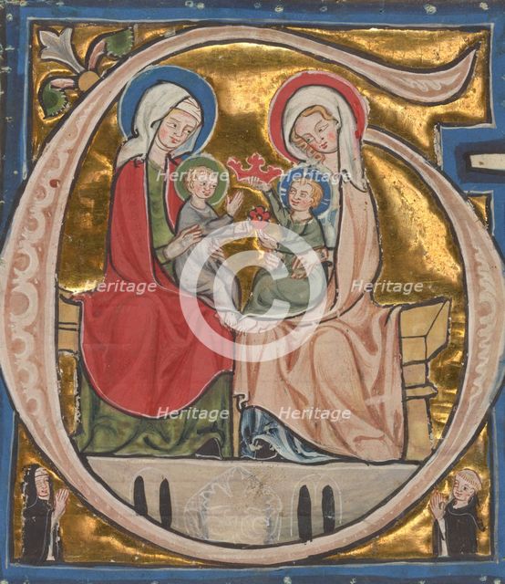 Initial G: The Virgin, Saint Elizabeth, and the Infants John the Baptist and Christ, about 1300. Creator: Unknown.