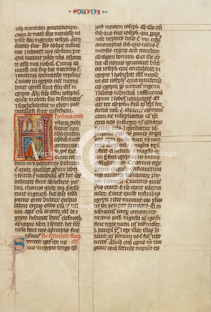 Initial H: Moses Speaking to the Israelites; Historia Scholastica, about 1300. Creator: Unknown.