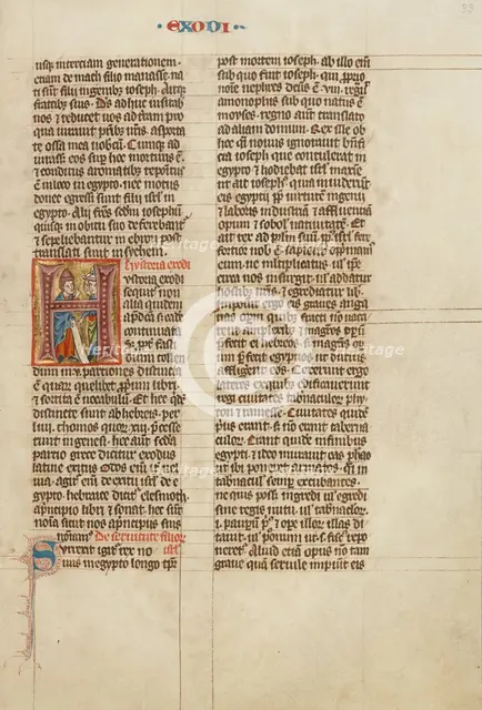 Initial H: Moses Speaking to the Israelites; Historia Scholastica, about 1300. Creator: Unknown.