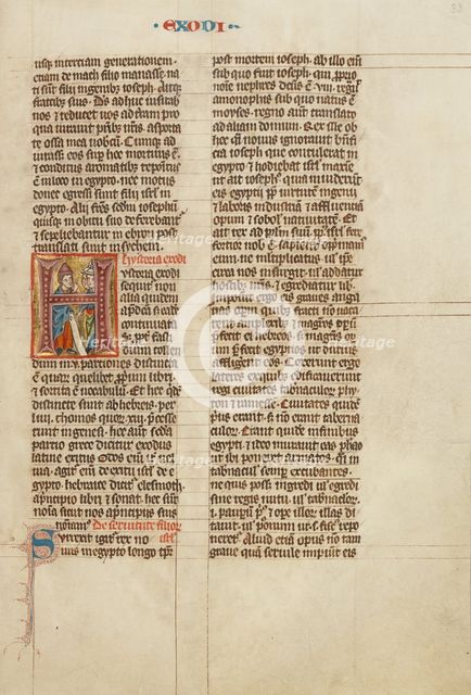 Initial H: Moses Speaking to the Israelites; Historia Scholastica, about 1300. Creator: Unknown.