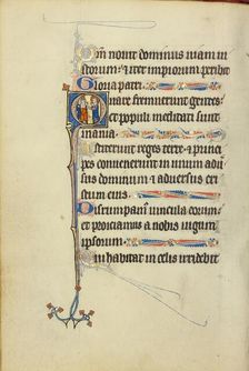 Initial H: A Deacon in Prayer before a Saint with a Book and Martyr's Palm; Ruskin Hours, about 1300 Creator: Unknown