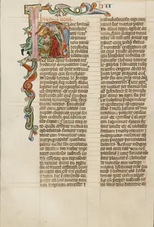 Initial H: Judith Beheading Holofernes; Historia Scholastica, about 1300. Creator: Unknown