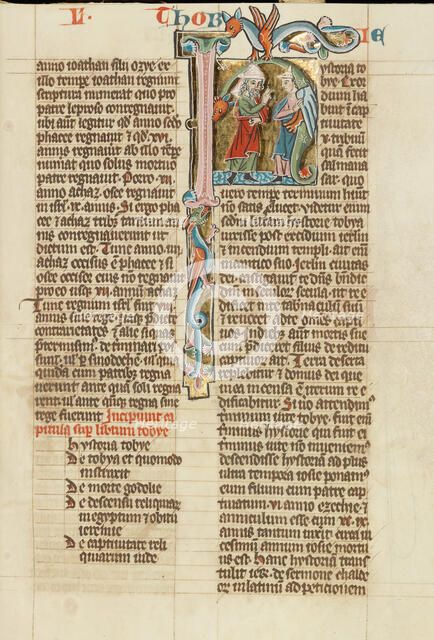 Initial H: Tobias Speaking to a Young Man; Historia Scholastica, about 1300. Creator: Unknown.