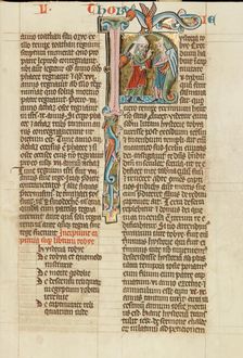 Initial H: Tobias Speaking to a Young Man; Historia Scholastica, about 1300. Creator: Unknown