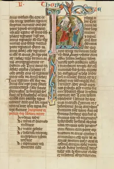Initial H: Tobias Speaking to a Young Man; Historia Scholastica, about 1300. Creator: Unknown