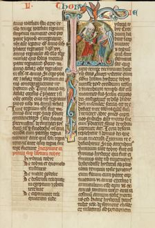 Initial H: Tobias Speaking to a Young Man; Historia Scholastica, about 1300. Creator: Unknown