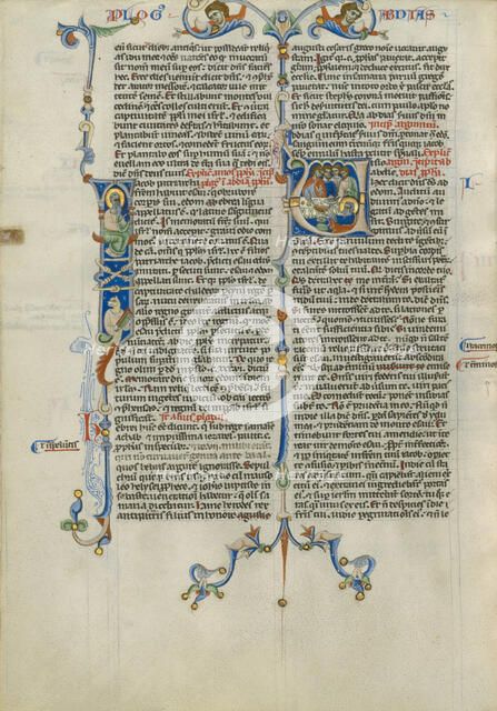 Initial I: Obadiah; Initial V: Obadiah Offering Food; Abbey Bible, about 1250-1262. Creator: Unknown.