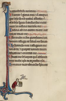 Initial I: A Bird Escaping from a Man's Basket; Bute Psalter, text and illumination about 1285. Creator: Bute Master