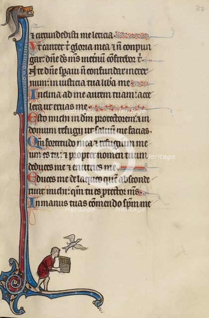Initial I: A Bird Escaping from a Man's Basket; Bute Psalter, text and illumination about 1285. Creator: Bute Master.