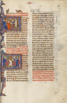 Initial I: A Man Giving a Goblet to a Man and Another Man Killed by Hanging..., about 1290-1310. Creator: Unknown