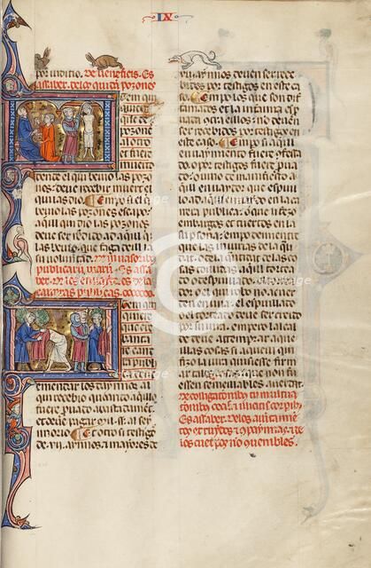 Initial I: A Man Giving a Goblet to a Man and Another Man Killed by Hanging..., about 1290-1310. Creator: Unknown.