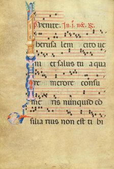 Initial I: City Walls of Jerusalem; Antiphonal, late 13th century. Creator: Unknown