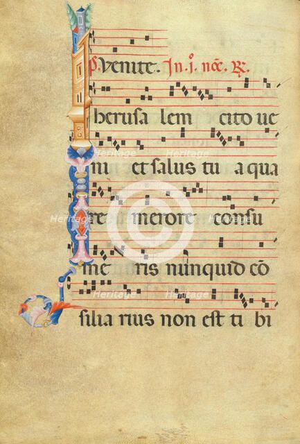 Initial I: City Walls of Jerusalem; Antiphonal, late 13th century. Creator: Unknown.