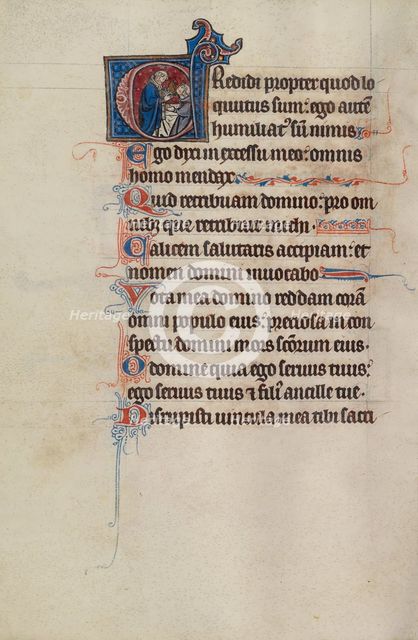 Initial I: David atop a Tower Pointing to Three Demons Below; Bute Psalter, about 1285. Creator: Bute Master.