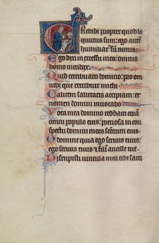 Initial I: David atop a Tower Pointing to Three Demons Below; Bute Psalter, about 1285. Creator: Bute Master