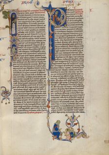 Initial I: Dominican friar with a book: Initial P: Solomon Instructing Pupil..., about 1250-62. Creator: Unknown