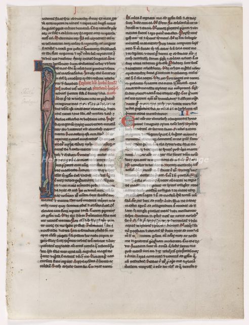 Initial I: Entwined Beast and Serpent: Leaf from a Bible (2 of 2 Excised Leaves), c. 1225-1250. Creator: Unknown.