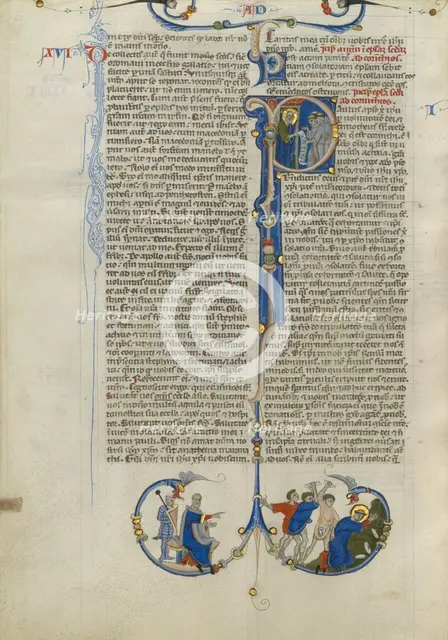 Initial I: Paul Handing a Scroll to Friars; Abbey Bible, about 1250-1262. Creator: Unknown.