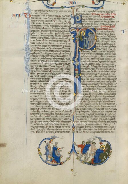 Initial I: Paul Handing a Scroll to Friars; Abbey Bible, about 1250-1262. Creator: Unknown.