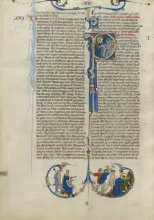 Initial I: Paul Handing a Scroll to Friars; Abbey Bible, about 1250-1262. Creator: Unknown