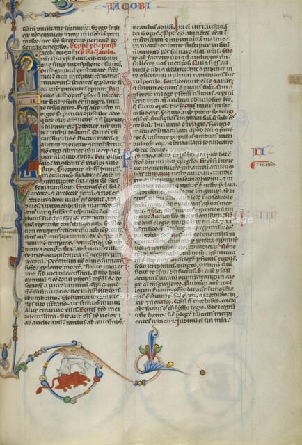 Initial I: Saint James with Christ above; Abbey Bible, about 1250-1262. Creator: Unknown.