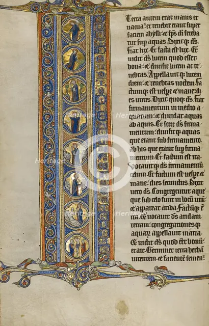 Initial I: Scenes of the Creation of the World and the Crucifixion; Marquette Bible, about 1270. Creator: Unknown.