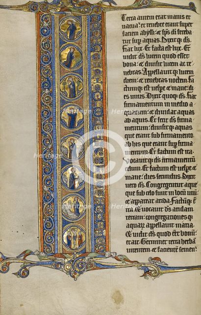 Initial I: Scenes of the Creation of the World and the Crucifixion; Marquette Bible, about 1270. Creator: Unknown.