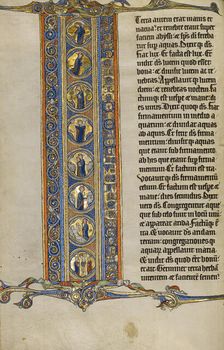 Initial I: Scenes of the Creation of the World and the Crucifixion; Marquette Bible, about 1270. Creator: Unknown