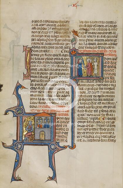 Initial I: Two Men in Prisons: Initial I: Two Men Killing Two Other Men with a..., about 1290-1310. Creator: Unknown.