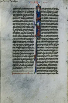 Initial I with Elimelech and Naomi: Leaf from a Latin Bible (1 of 2 Excised Leaves) , c. 1250. Creator: Johannes Grusch Atelier (French)
