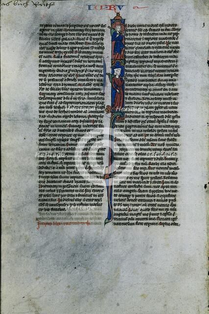 Initial I with Elimelech and Naomi: Leaf from a Latin Bible (1 of 2 Excised Leaves) , c. 1250. Creator: Johannes Grusch Atelier (French).