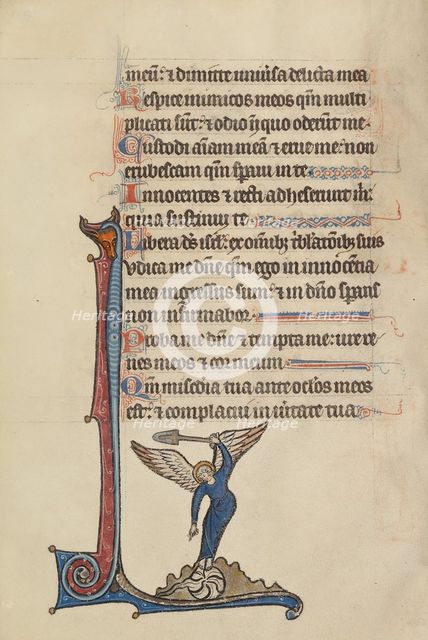 Initial J: An Angel Revivifies a Fountain; Bute Psalter, text and illumination about 1285. Creator: Bute Master.